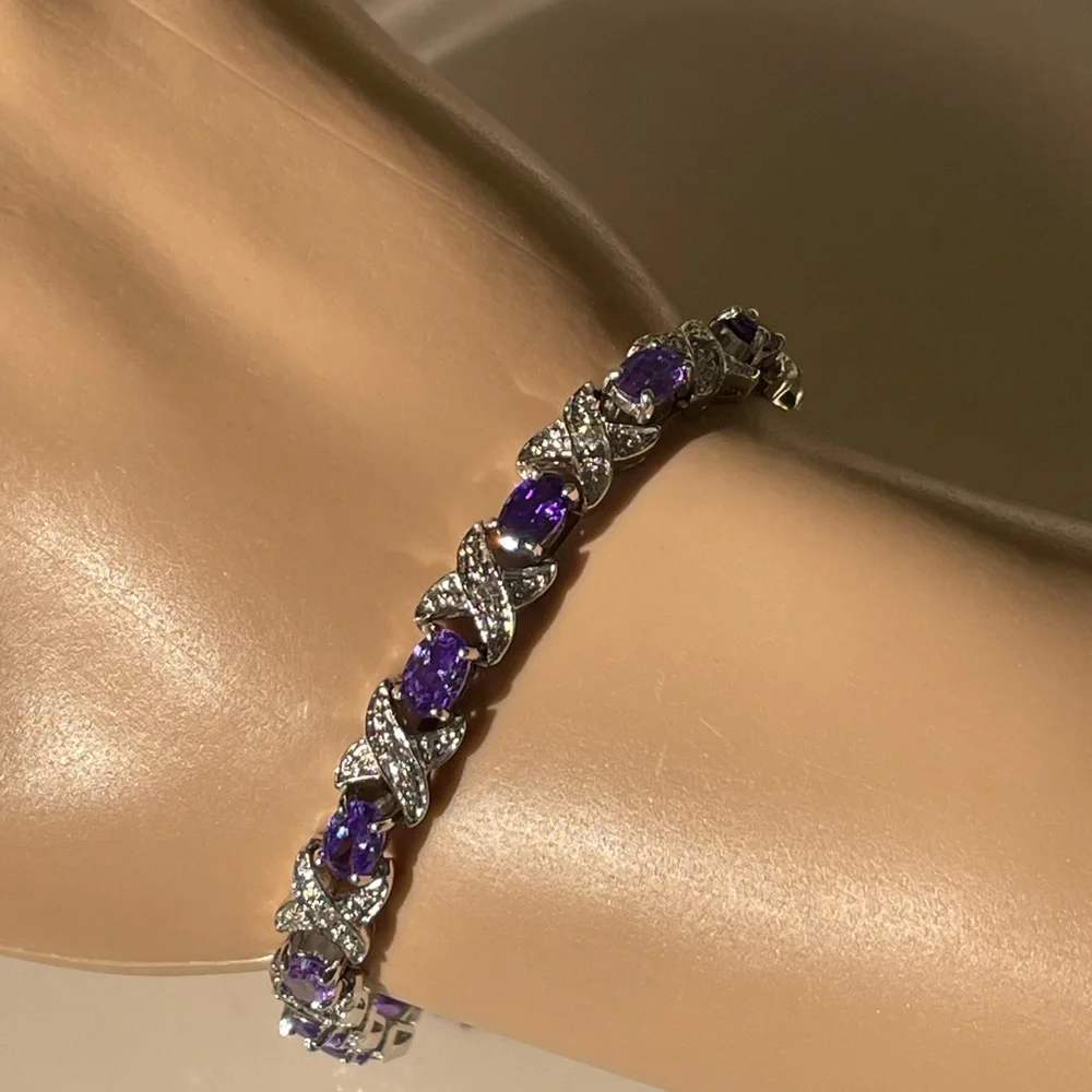 Genuine Amethyst & Silver Bracelet- 7.5” Like New- QVC- Stunning Gemstones! - Picture 6 of 16